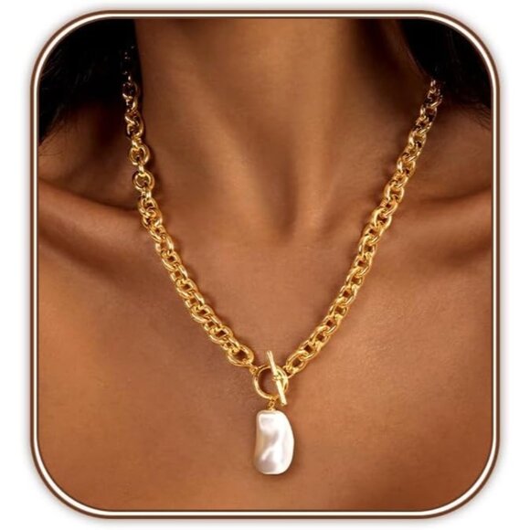 Jewelry - Women's 14K Gold Silver Plated Chunky Thick Chain Toggle Clasp Necklace Dainty